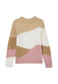 Maglione lavorato a maglia con maniche lunghe, caratterizzato da blocchi di colore astratti in beige, bianco e rosa, con scollatura tonda.