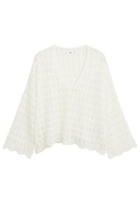 Weißer Strickpullover mit V-Ausschnitt und weiten Ärmeln. Verfügt über ein strukturiertes Muster und einen gewellten Saum, hergestellt aus einem weichen, leichten Material.