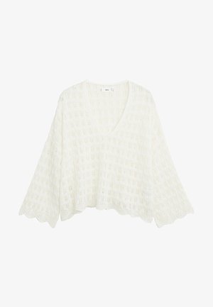 Maglione bianco lavorato a maglia con scollatura a V e maniche ampie. Presenta un motivo testurizzato e orlo a scallop, realizzato in un materiale morbido e leggero.