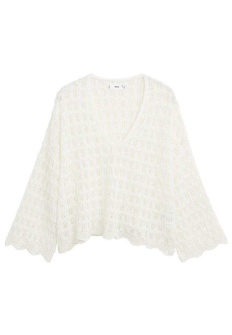 Weißer Strickpullover mit V-Ausschnitt und weiten Ärmeln. Verfügt über ein strukturiertes Muster und einen gewellten Saum, hergestellt aus einem weichen, leichten Material.