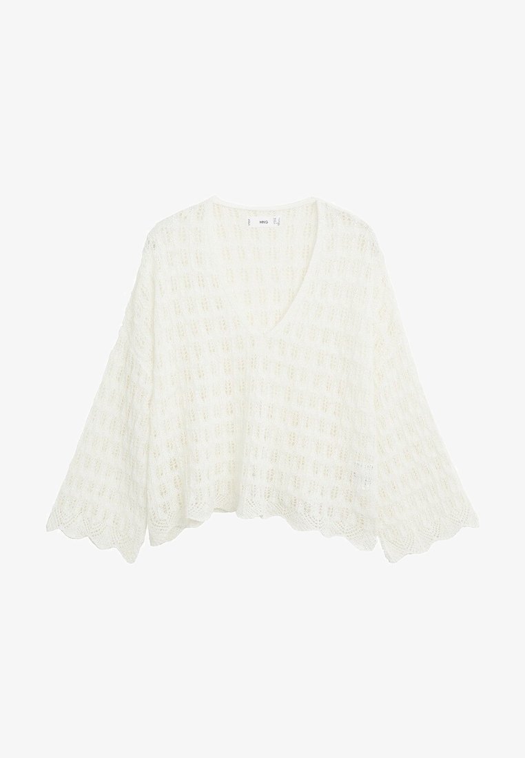 Weißer Strickpullover mit V-Ausschnitt und weiten Ärmeln. Verfügt über ein strukturiertes Muster und einen gewellten Saum, hergestellt aus einem weichen, leichten Material.