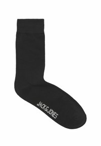 Černé bavlněné ponožky s žebrovaným lemem a hladkou strukturou. Na boku mají bílé logo "JACK & JONES". Klasický design, kotníkové.