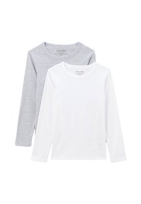 Deux t-shirts à manches longues, un gris et un blanc, en coton. Ils sont dotés de cols ronds et d'une texture lisse sans motifs visibles.
