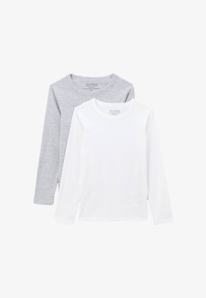 Deux t-shirts à manches longues, un gris et un blanc, en coton. Ils sont dotés de cols ronds et d'une texture lisse sans motifs visibles.