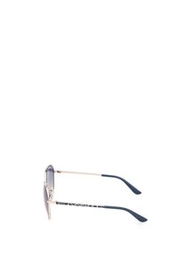 Metalen montuur zonnebril met een gradiënt grijze lenzen, marineblauwe gestructureerde pootjes en een decoratief patroon aan de zijkanten.