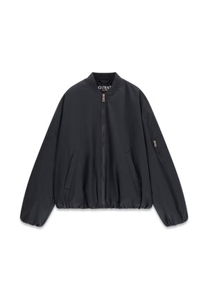 Black bomber jacket with front zipper, elastic cuffs and hem, two front pockets, and zippered pocket on left sleeve.