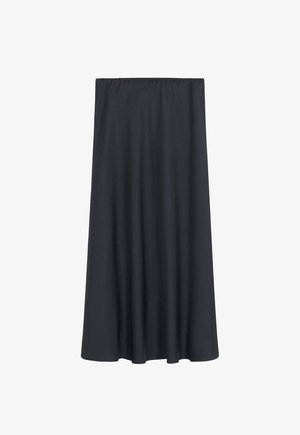 Jupe noire, longueur genoux, en tissu léger avec une texture lisse et une taille élastique. Design simple et fluide sans motifs.