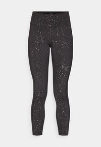 Leggings neri con un motivo macchiato bianco e grigio. Realizzati in materiale elasticizzato, presentano una vita alta e un logo sulla gamba inferiore.