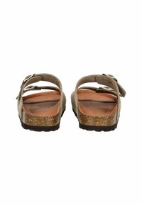 Sandales en liège marron avec deux sangles ajustables, tige en cuir lisse, semelle intérieure ergonomique et semelle extérieure en caoutchouc texturé.