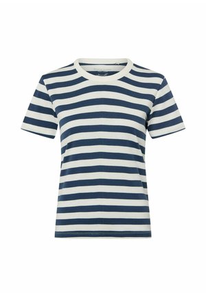 Kurzärmeliges T-Shirt mit marineblauen und weißen horizontalen Streifen, rundem Ausschnitt, aus reiner Baumwolle gefertigt.