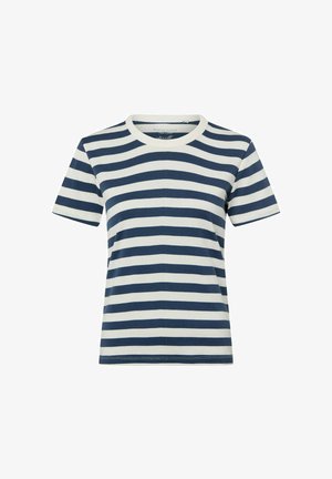 Short-sleeve t-shirt with navy blue and white horizontal stripes, round neckline, made of pure cotton.