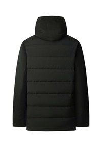 Crna puffer jakna s kapuljačom, s kviltanim leđima i glatkim materijalom na rukavima, prikazana s leđa na bijeloj pozadini.