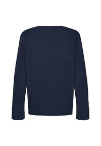Maglione lavorato a maglia blu navy, con scollo a girocollo, maniche lunghe con polsini a coste, texture morbida e design minimalista, mostrato da dietro.