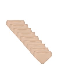 Tien paar beige damesonderbroeken in een diagonale rij gepresenteerd, frontaal zichtbaar op een witte achtergrond.