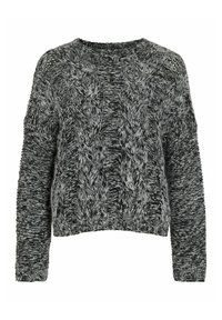 Suéter gris de punto con un patrón de trenzas, cuello redondo y mangas largas. El hilo texturizado añade profundidad y suavidad al diseño.