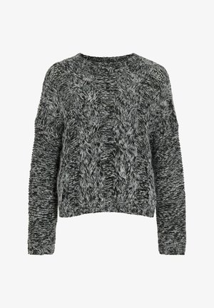 Gray knitted sweater featuring a cable pattern, round neckline, and long sleeves. Textured yarn adds depth and softness to the design.