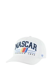 White baseball cap featuring "NASCAR" logo in blue with red and yellow stripes. The text "Founded 1948" and "47" logo on the side.
