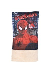 Spider-Man-deken met een geprinte karakterschildering, donkerblauwe achtergrond, rode accenten en een zachte witte nepleren rand aan de onderkant.