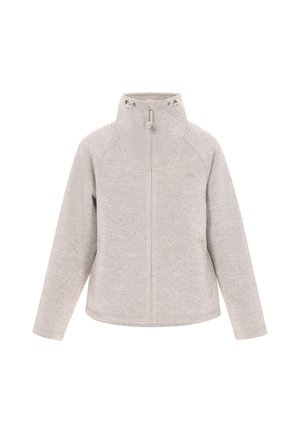 Svijetlosivi flis jakna s visokim ovratnikom, patentnim zatvaračem sprijeda, bočnim džepovima i elastičnim trakama. Mekani dodir i glatka završna obrada.