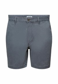 Grå shorts lavet af bomuldsblandingsstof, med knaplukning, bæltesløjfer og lige snit. Glat tekstur og rent design.