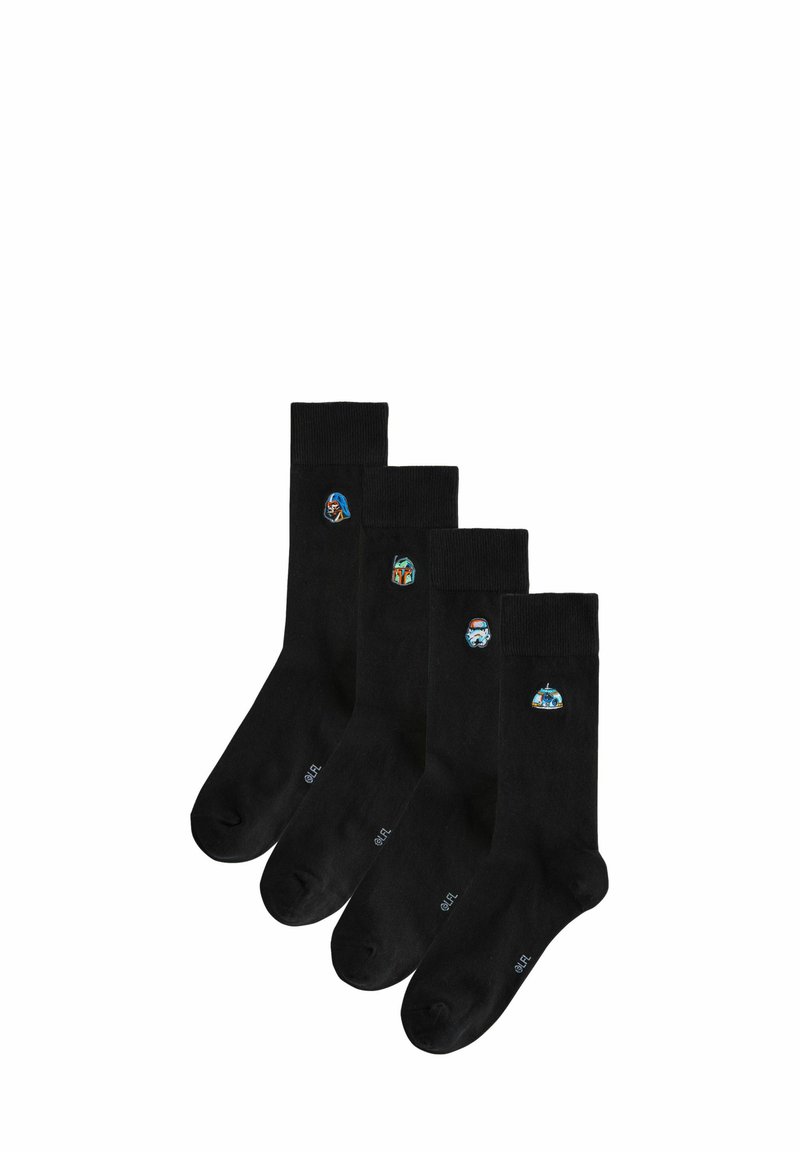 Schwarzes Baumwollsocken-Set mit vier Paaren; jedes Paar ist auf der Außenseite mit bunten bestickten Charakterdesigns verziert.