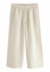 Linnen wijde broek in lichtbeige met een elastische tailleband, voorzien van zijzakken en een soepele textuur. Ontspannen pasvorm.