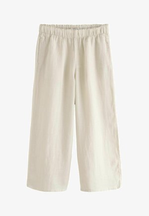 Linen wide-leg trousers in light beige with an elastic waistband, featuring side pockets and a smooth texture. Relaxed fit.
