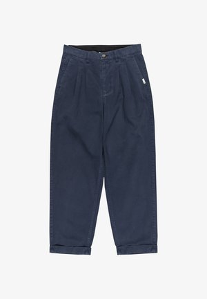 Pantaloni blu navy con vestibilità ampia, dotati di pince frontali, risvolto e chiusura a bottone, realizzati in morbido tessuto di cotone.