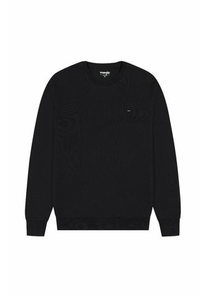 Suéter negro de manga larga hecho de tejido texturizado. Cuello redondo y puños acanalados, pequeño logo en el pecho, diseño minimalista.