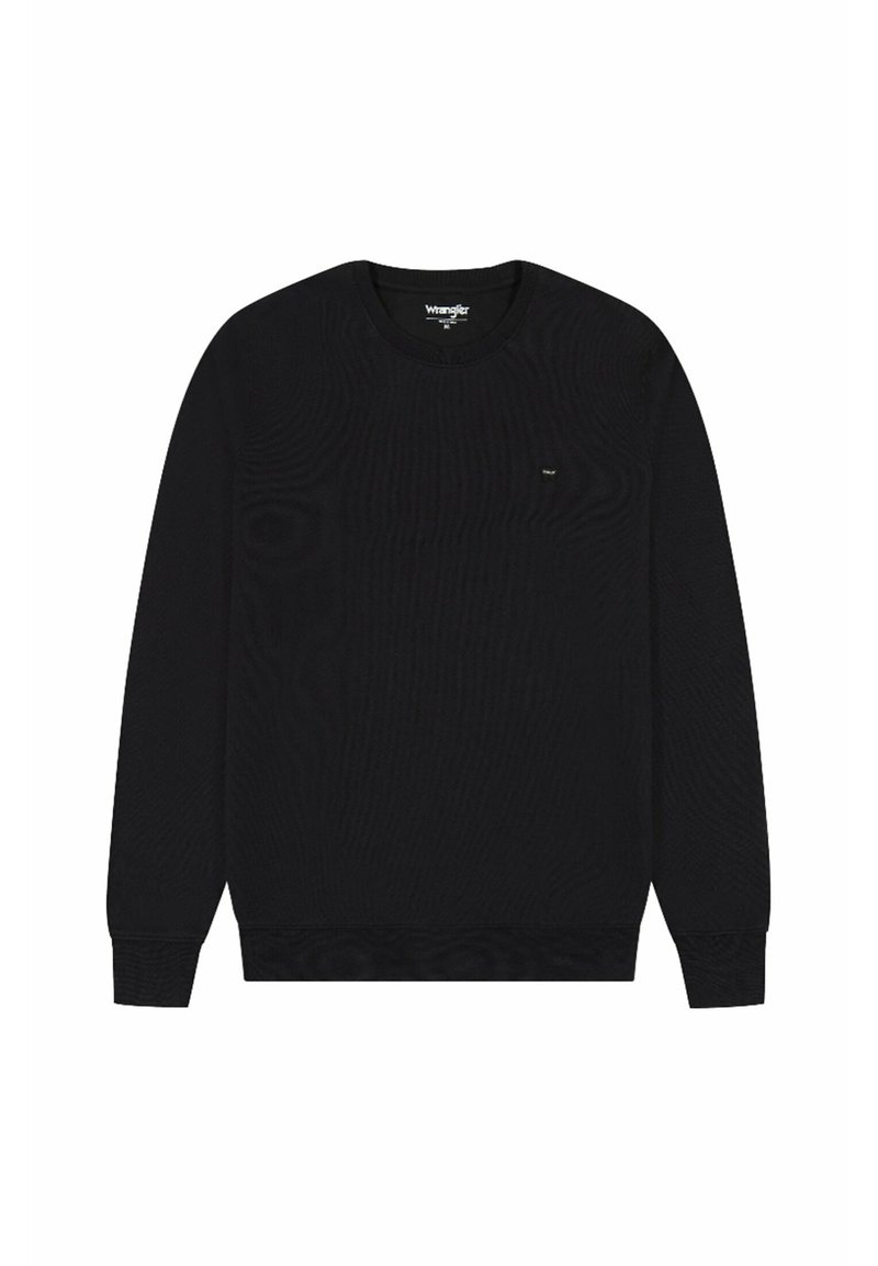 Czarny sweter z długim rękawem wykonany z teksturowanej tkaniny. Żebrowany okrągły dekolt i mankiety, małe logo na piersi, minimalistyczny design.