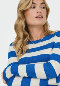 Pull en maille ribot rayé bleu et blanc avec un col rond et des manches longues, présentant un design ajusté et une texture douce.