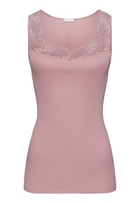 Top senza maniche in morbido tessuto rosa, caratterizzato da un bordo in pizzo con un motivo a foglia lungo lo scollo. Silhouette slim e aderente.