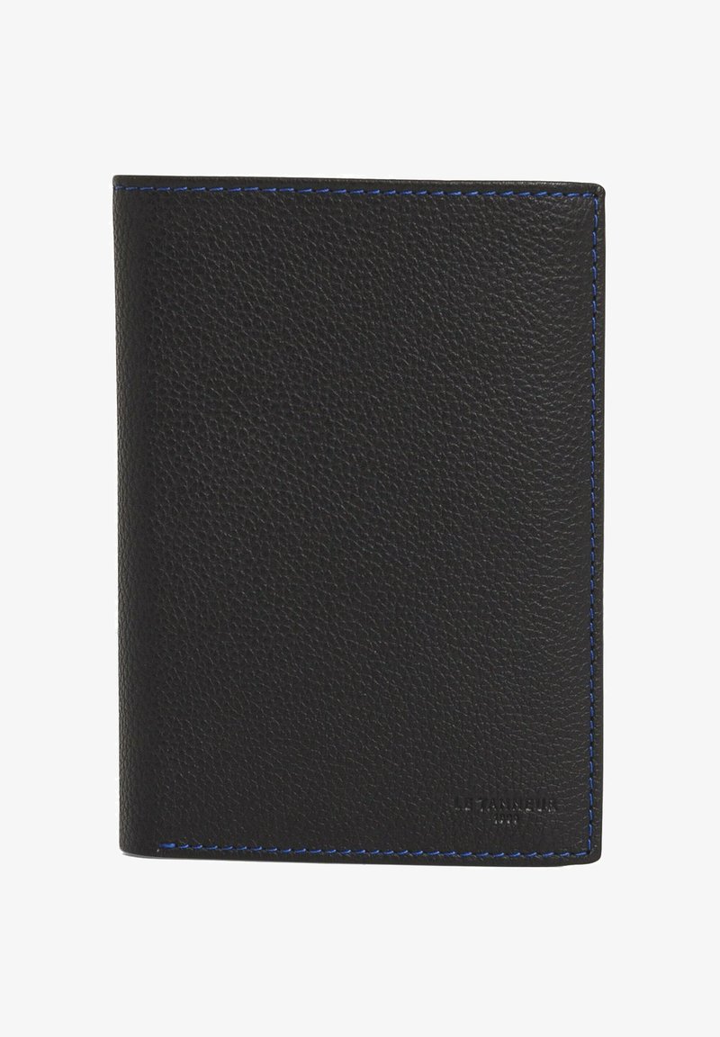 Black leather wallet with textured surface, blue stitching accents, and a smooth finish. Compact design with a fold-over style.