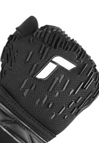 Schwarze Handschuhe mit strukturierten Gummibezügen und einem glatten schwarzen Stoffgrund. Verfügt über ein markantes weißes Logo im Handgelenkbereich.