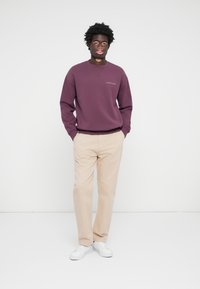 Light purple sweatshirt with crew neck and logo, paired with beige pants. Model wearing white sneakers stands against a plain background.