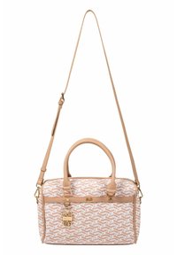 Jasnoróżowa torebka z geometrycznym wzorem. Gładki syntetyczny materiał. Posiada podwójne uchwyty i odczepiany pasek na ramię. Złote akcenty.