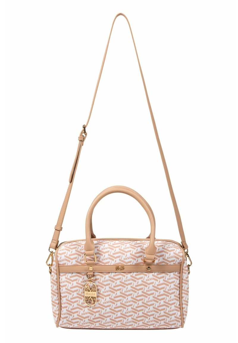Jasnoróżowa torebka z geometrycznym wzorem. Gładki syntetyczny materiał. Posiada podwójne uchwyty i odczepiany pasek na ramię. Złote akcenty.