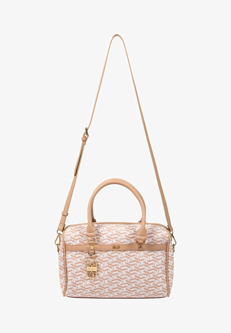 Jasnoróżowa torebka z geometrycznym wzorem. Gładki syntetyczny materiał. Posiada podwójne uchwyty i odczepiany pasek na ramię. Złote akcenty.