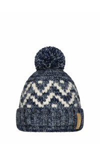 Knit beanie in navy, white, and grey with a zigzag pattern; features a fluffy pom-pom on top and a textured ribbed cuff.