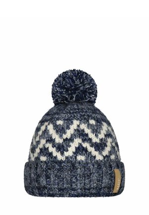 Knit beanie in navy, white, and grey with a zigzag pattern; features a fluffy pom-pom on top and a textured ribbed cuff.