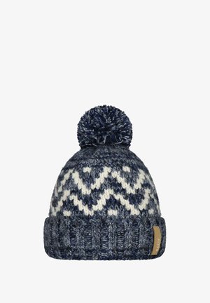 Knit beanie in navy, white, and grey with a zigzag pattern; features a fluffy pom-pom on top and a textured ribbed cuff.