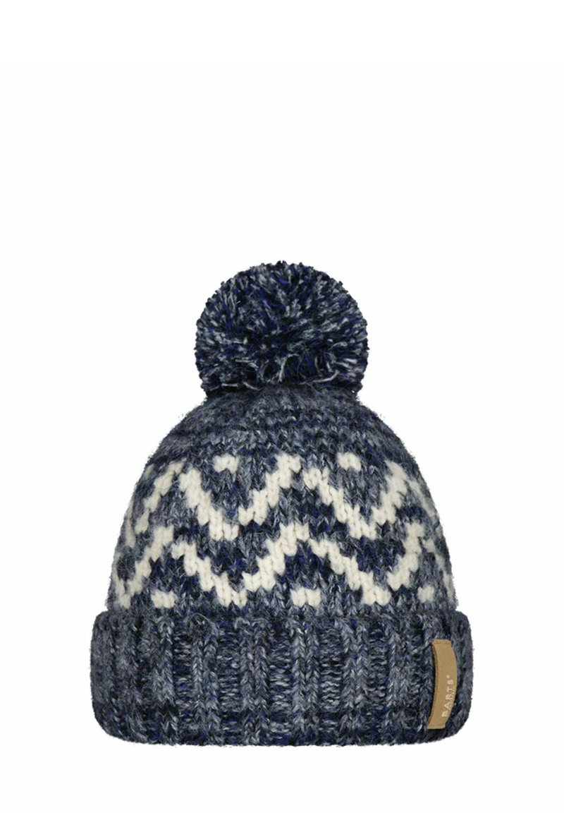 Knit beanie in navy, white, and grey with a zigzag pattern; features a fluffy pom-pom on top and a textured ribbed cuff.