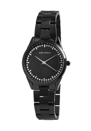 Black wristwatch with a glossy metal band, round face, and crystal accents around the dial. Simple silver hands on a black background.