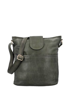 Tume roheline nahast risti kantav kott reguleeritava rihma, ees oleva klapi ja suure esitaskuga valgel taustal.