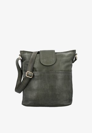 Sac bandoulière en cuir vert foncé avec sangle réglable, fermeture à rabat avant et une grande poche avant sur fond blanc.