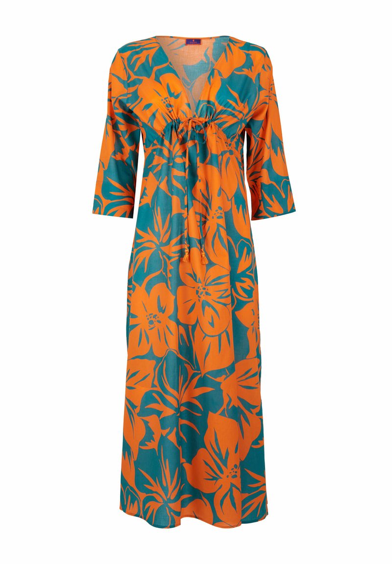Abito maxi floreale in un vivace arancione e teal. Design con scollatura a V, vita arricciata e maniche a tre quarti. Tessuto leggero.