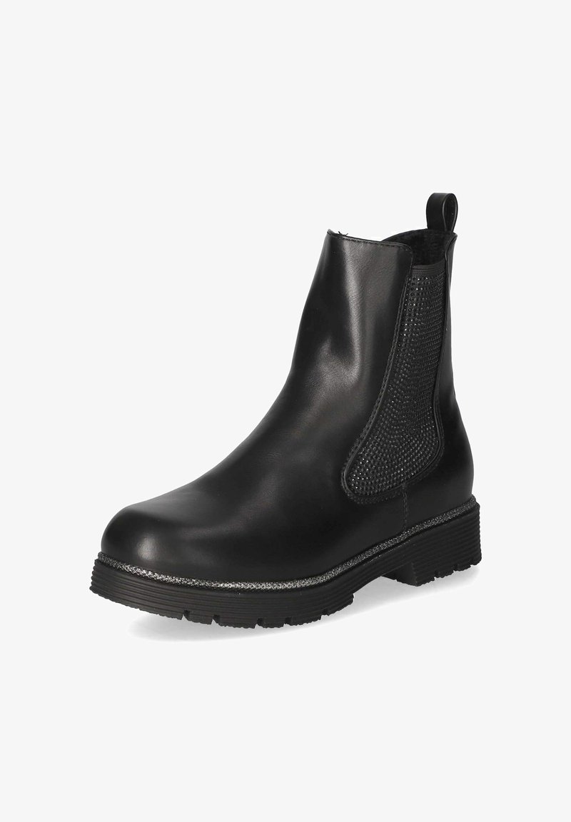 Botín negro de cuero con panel lateral elástico texturizado, lengüeta trasera y suela gruesa de goma con agarre texturizado.