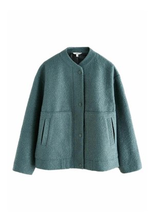 Türkis strukturierte Wolljacke mit rundem Kragen, Druckknopfverschluss vorne, langen Ärmeln und zwei großen Fronttaschen mit vertikalen Öffnungen.