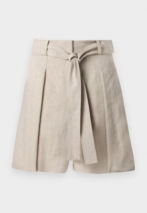 Jupe beige taille haute en lin avec plis devant et ceinture en tissu nouée à la taille, présentée sur fond blanc.