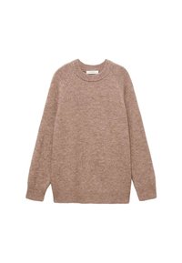 Maglione in maglia color malva con scollo tondo, maniche lunghe a raglan e vestibilità rilassata. Texture morbida e senza motivi o dettagli visibili.